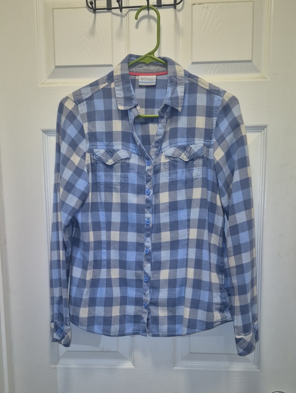 Womens Columbia Medium Blue and White Plaid Button-Down Shirt